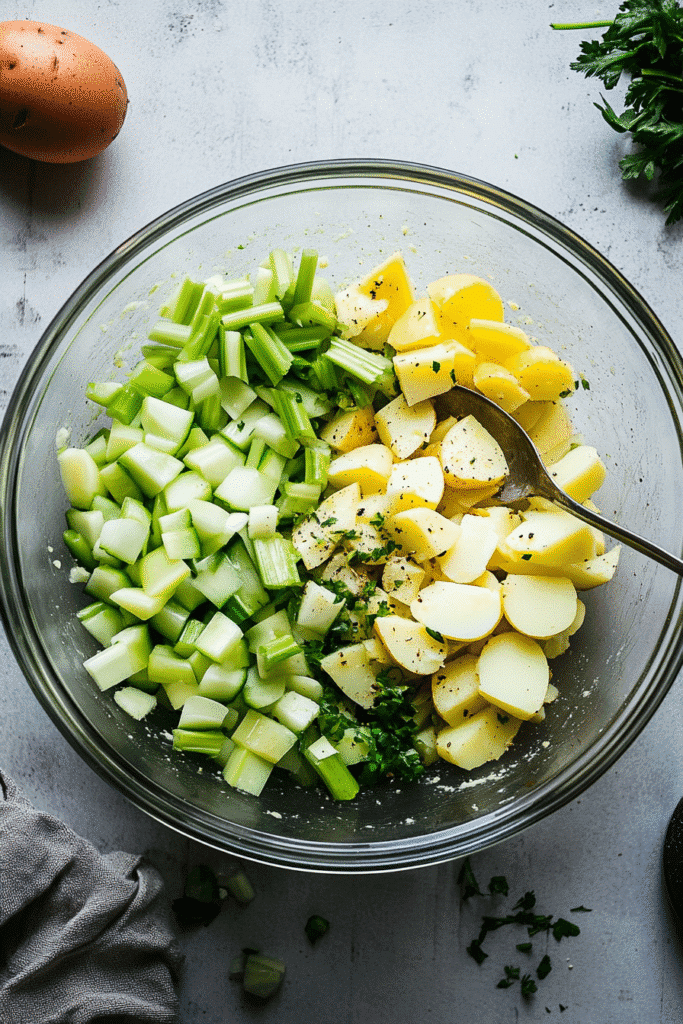 Mixing classic creamy potato salad ingredients