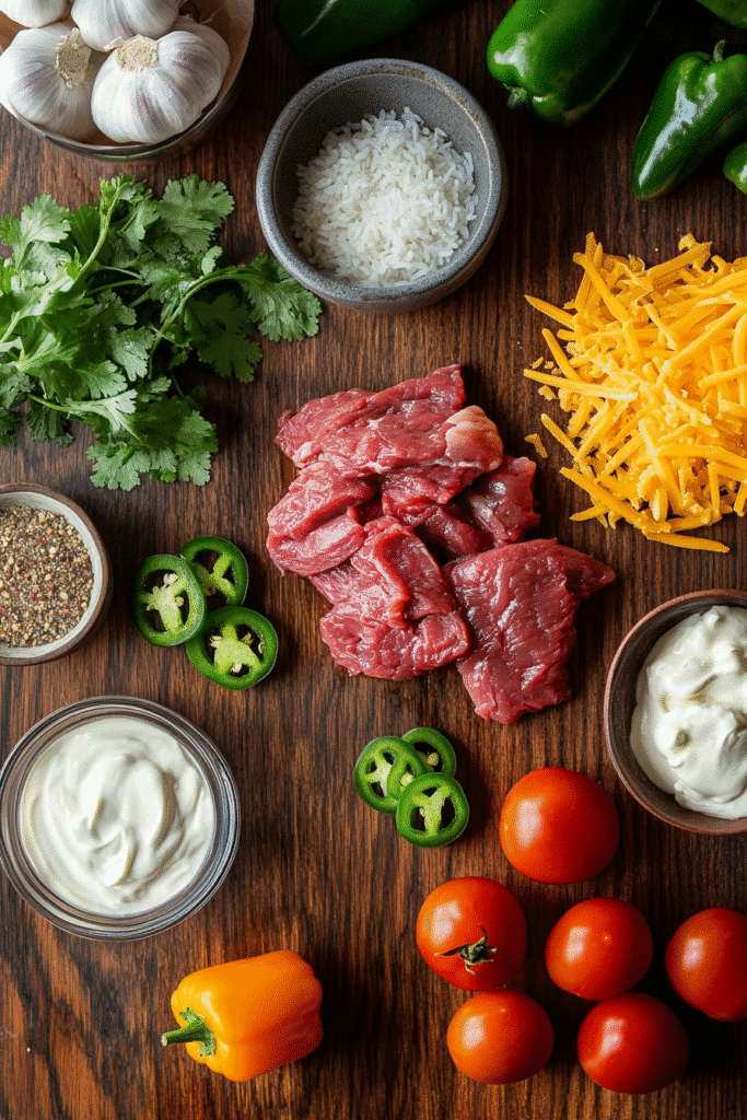 Queso rice and steak ingredients laid out for prep