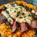 Creamy queso rice with steak strips and cilantro in bowl