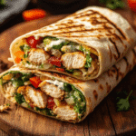 Southwest grilled chicken wrap sliced on a rustic wood plate