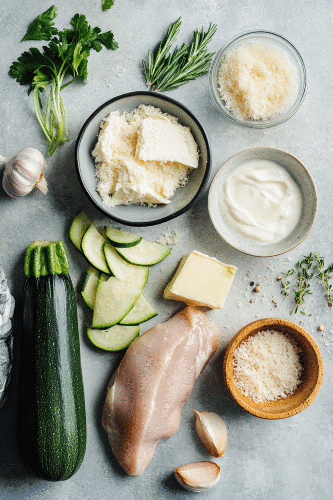 Ingredients for zucchini noodle chicken alfredo