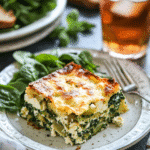 Served slice of zucchini spinach and feta casserole with sides