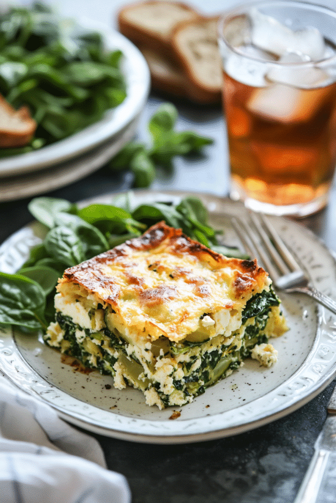 Served slice of zucchini spinach and feta casserole with sides