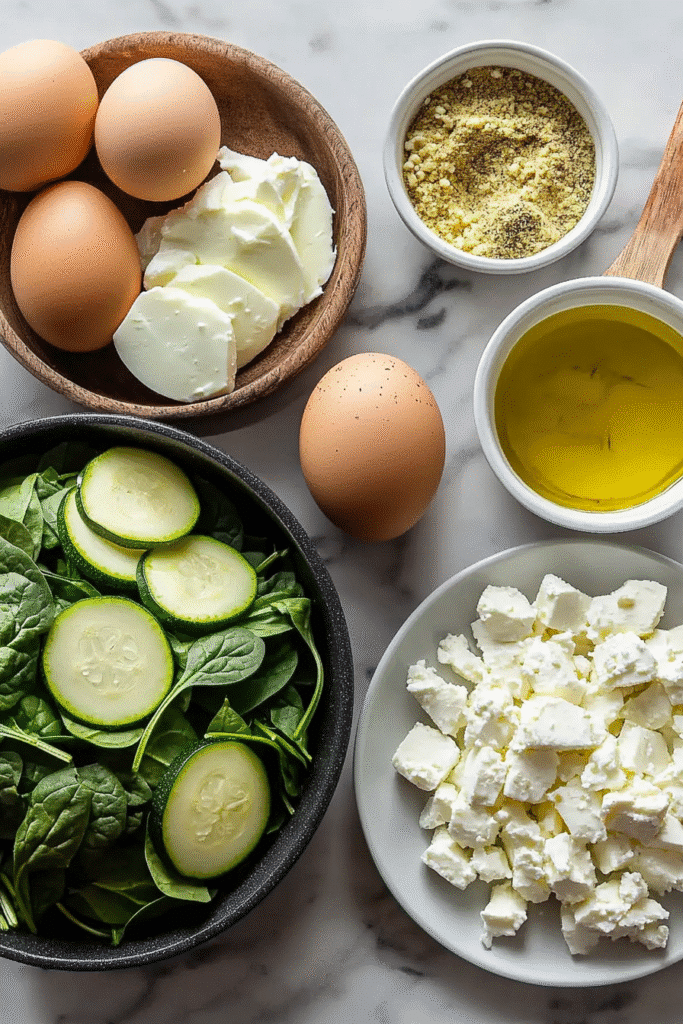 Ingredients for baked zucchini spinach and feta casserole
