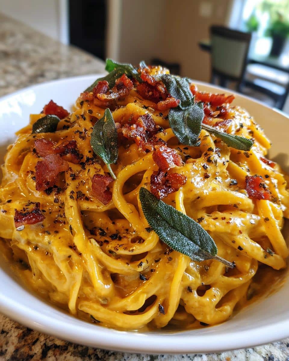 Brown Butter Pumpkin Alfredo Pasta with Crispy Pancetta - detail 1