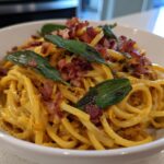 Brown Butter Pumpkin Alfredo Pasta with Crispy Pancetta