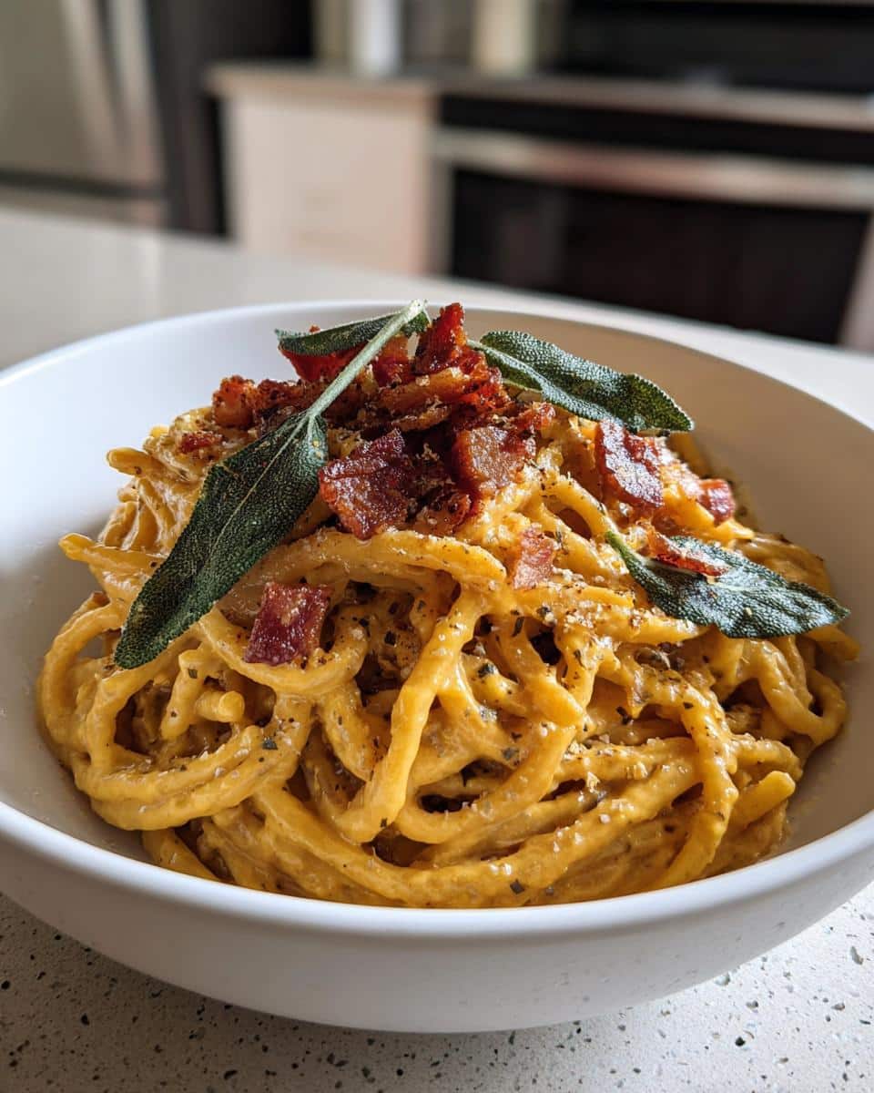 Brown Butter Pumpkin Alfredo Pasta with Crispy Pancetta - detail 2