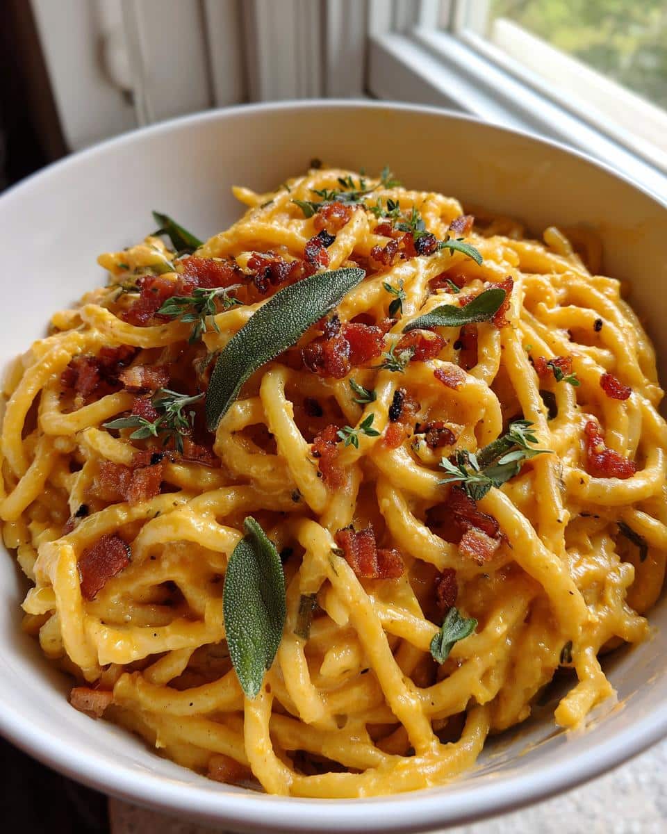 Brown Butter Pumpkin Alfredo Pasta with Crispy Pancetta - detail 3