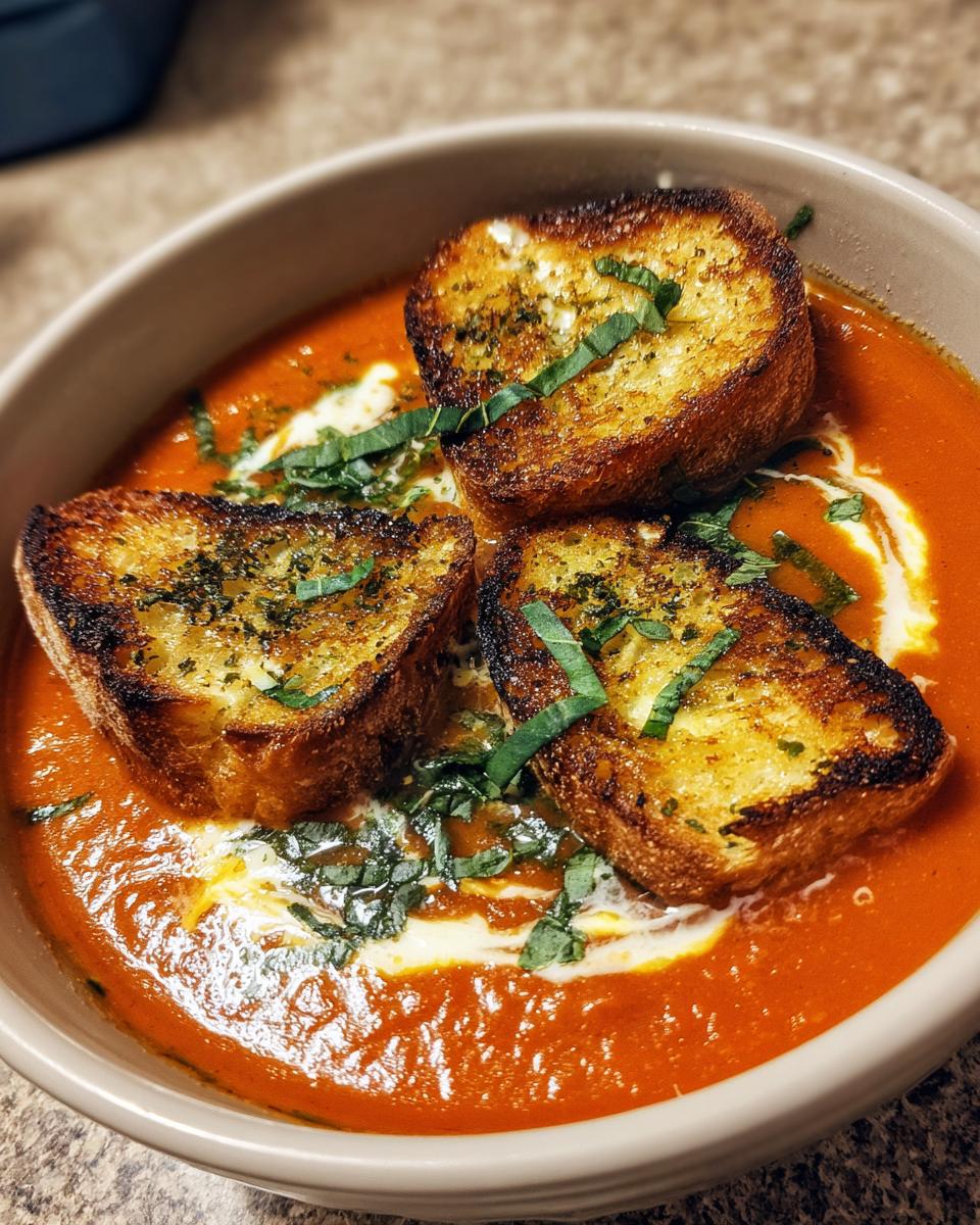 Creamy Roasted Tomato Basil Soup with Grilled Cheese Croutons - detail 1