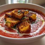 Creamy Roasted Tomato Basil Soup with Grilled Cheese Croutons