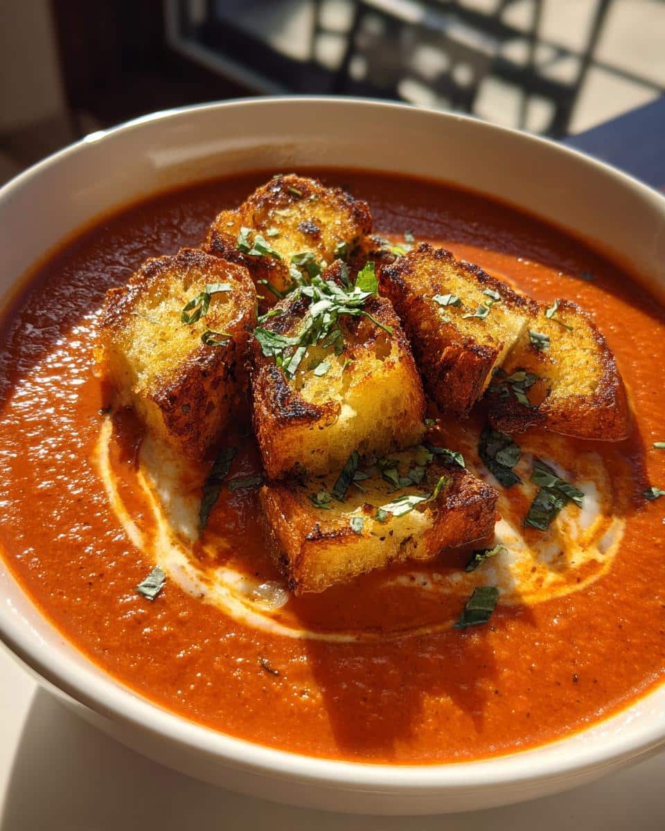 Creamy Roasted Tomato Basil Soup with Grilled Cheese Croutons - detail 3