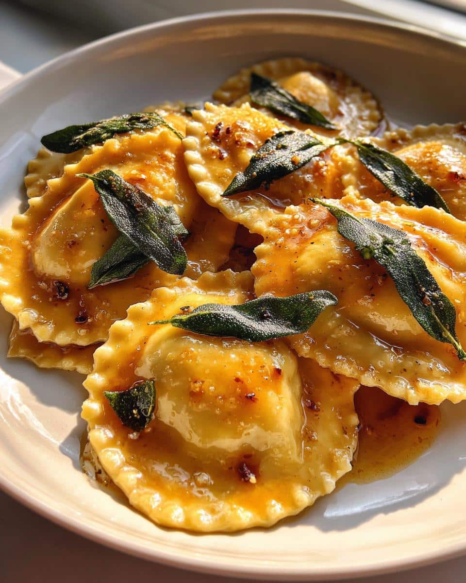 Homemade Pumpkin Ricotta Ravioli with Brown Butter Sage Sauce - detail 1