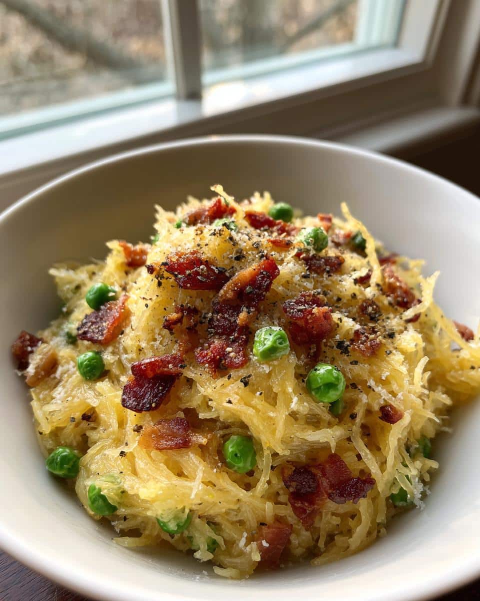 Spaghetti Squash Carbonara with Bacon and Peas - detail 2