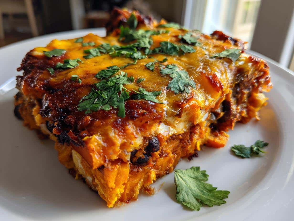 Sweet Potato and Black Bean Enchilada Casserole in 3 Easy Steps